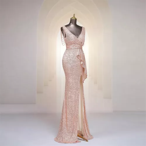Evening Dress Tassel V Neck Ruffles High Split Women Sequin Long Prom Party Gown - Picture 19 of 30