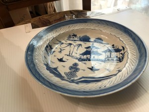 19TH CENTURY CHINESE CANTON BLUE & WHITE HAND PAINTED PORCELAIN PLATE/BOWL