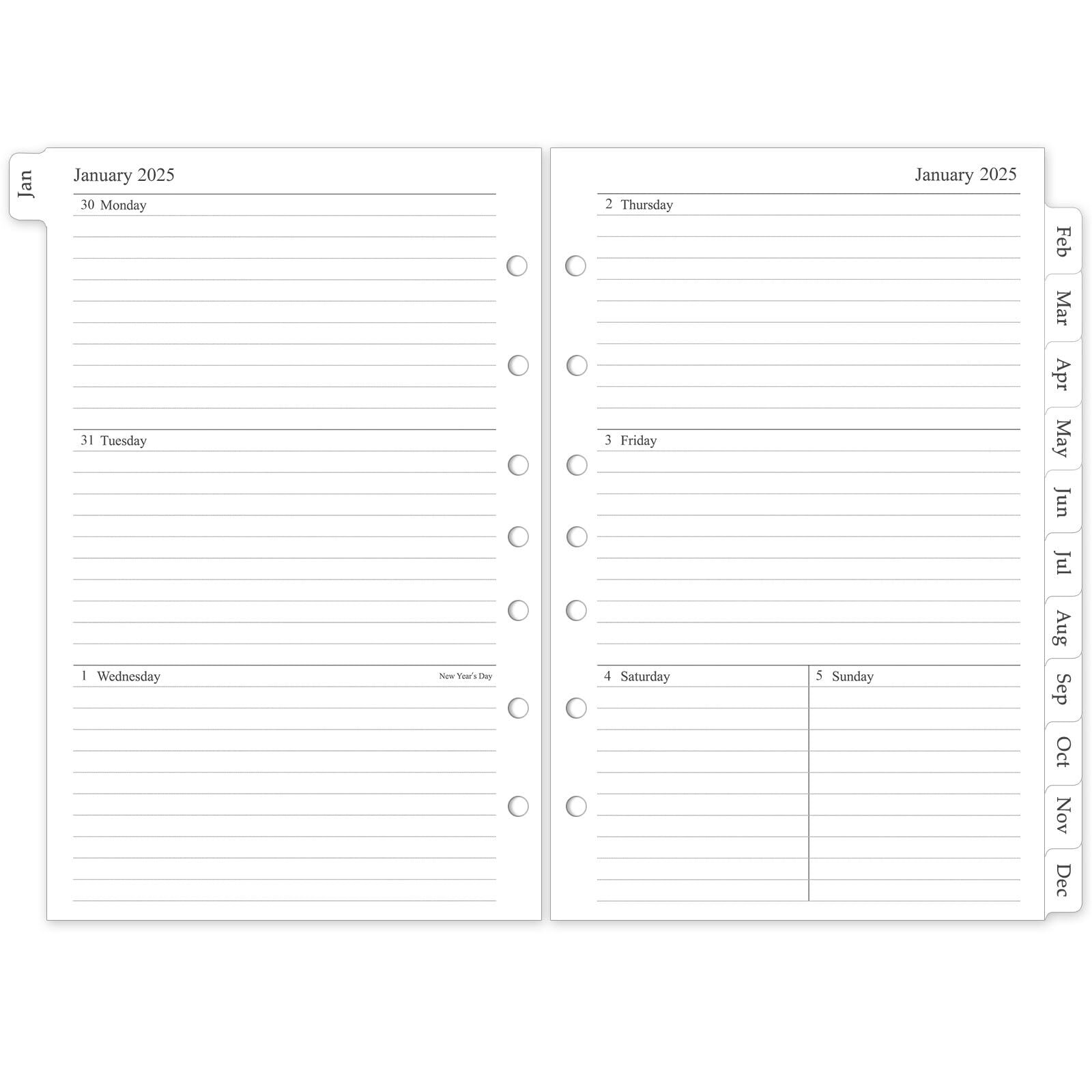 2025 Weekly Monthly Planner Refill Jan. 2025-Dec. 2025 5.5x8.5 7Hole Punched