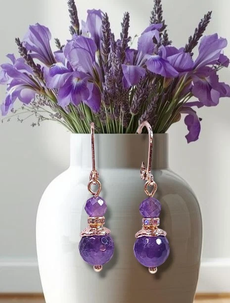 Pendientes de piedras preciosas de amatista oro colgante palanca piedra de nacimiento de febrero hechos a mano Foto 2 de 3