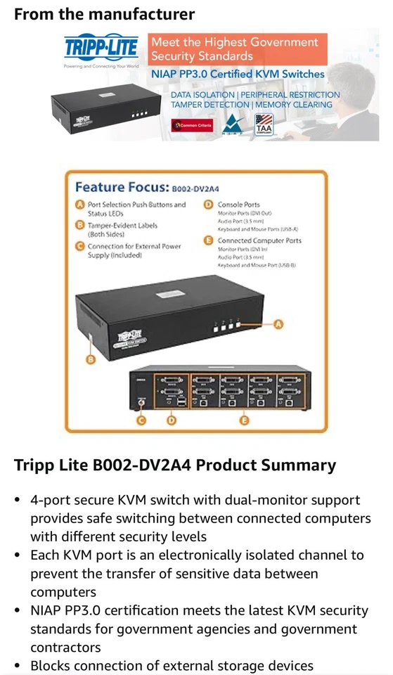 Tripp Lite B002-DV2A4 KVM Switch 4-Port DisplayPort Dual Monitor - Image 4 of 4