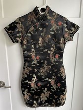 Vtg 90s Black Satin Brocade Cheongsam Qipao Dress S Dragon Phoenix Golden Xiang