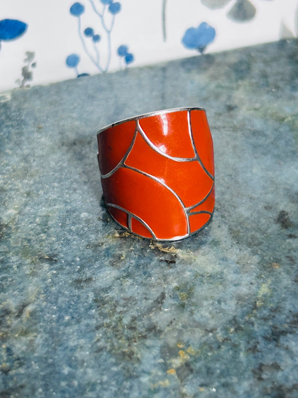ELLE STERLING SILVER RUBY LARGE ORANGE ENAMEL GEO… - image 1