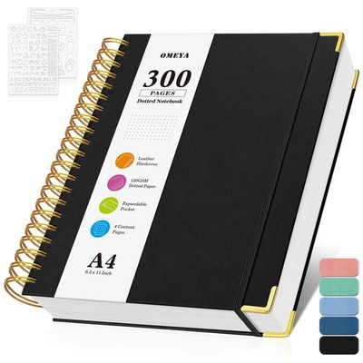 Bullet Dotted Journal Spiral Notebook, 300 Pages Leather Notebooks with Conte...