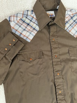 Vintage ATB Authentic Western Wear Brown w/ Plaid Pearl Snap Shirt Mens M 15-1/2
