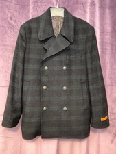 Men Tallia Double Breasted Pea Coat Jacket Green & Black Plaid Wool Blend Sz L