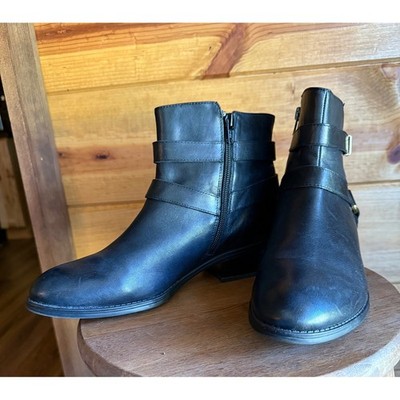 LAUREN Ralph Lauren Margo Black Leather Harness Ankle Boots Gold Buckle Side Zip