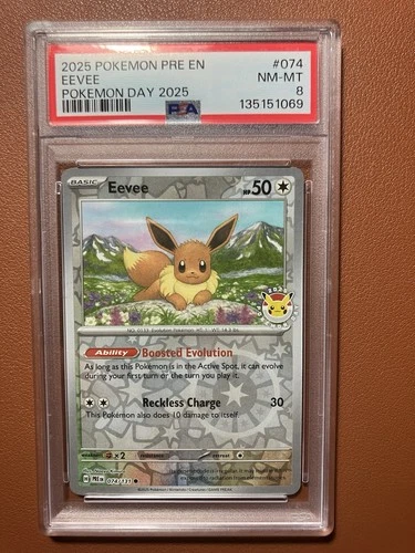 2025 POKEMON PRE EN-PRISMATIC EVOLUTIONS POKEMON DAY 2025 #074 EEVEE PSA 8