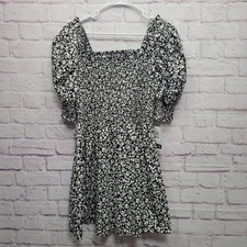 NEW Everlily Black & White Floral Smocked Mini Dress Sz L Boho Cottagecore Party