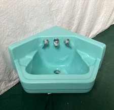 Vtg Mid Century 24" Aqua Blue Green Corner Wall Sink Standard Bath 437-25E
