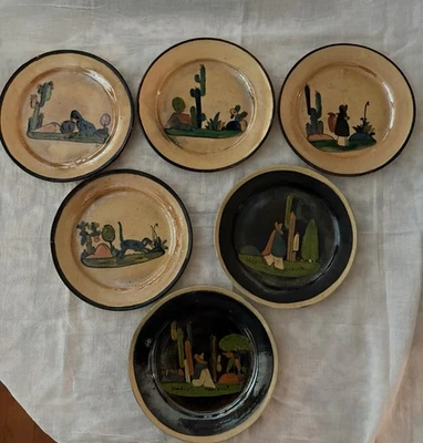 Vtg Mexican Tlaquepaque Hand-Painted Pottery Plates Man & Cactus 6¼″ Set of 6 - Image 1 of 4