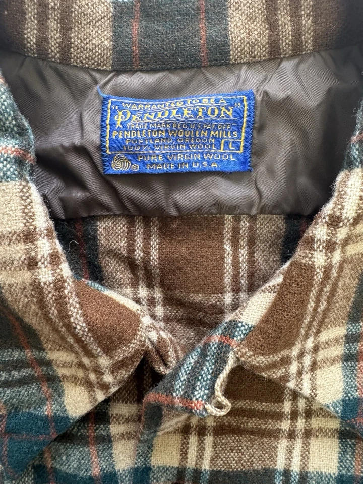 Camisa de Lana Pendleton De Colección L Marrón Verde Azulado A Cuadros Hecha en EE. UU. Lana Virgen Pura Foto 2 de 4