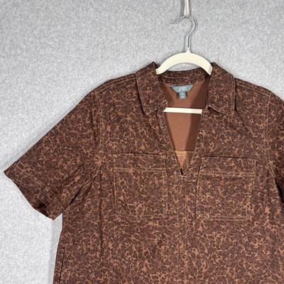 Denim Mini Popover Shirt Dress 0X 14W Leopard Animal Print Pockets Stretch Max