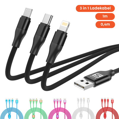 3in1 Multi Ladekabel USB C & 8-Pin & Micro USB Kabel für Samsung Apple Xiaomi