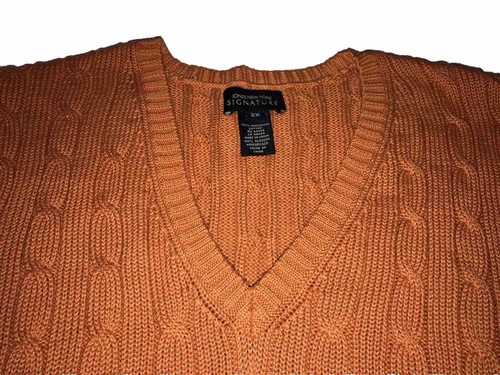 Cable Knit Sweater Women 2X V Neck 100% Cotton Orange Preppy Comfy 3/4 Sleeve - Picture 5 of 13