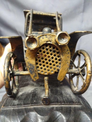 Vintage Metal Automobile Art Sculpture Car on Carved Wood Base MCM Art Old Cars - Picture 5 of 12