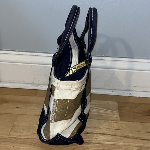 LL Bean Boat And Tote Bag Taupe Stripe Navy Zip Top Mini Size 10"Lx7.5"Hx4.5"D - Picture 2 of 12
