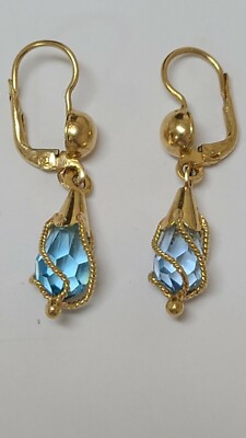 Vintage 18k Gelbgold Blautopas baumelnde Ohrringe Draht Wickel Hebelrücken 
