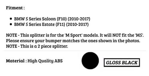 BMW 5 Series F10 F11 Gloss Black Front Splitter Spoiler Lip M Sport 2010-2017 - Picture 3 of 11