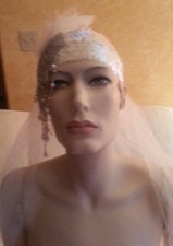 Gatsby 20's Flapper Iridescent White  Blue Sequined Headpiece Hat Bridal