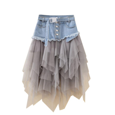 Women Denim Mesh Splice Skirt High Waist Asymmetric Frill Tulle