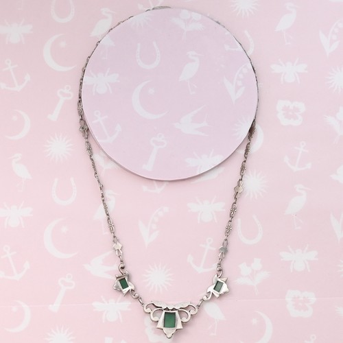 Vtg 1930s Art Deco Chrysoprase Sterling Silver Filigree Marcasite Necklace - Picture 4 of 7