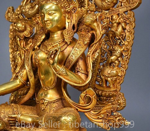 Estatua de Buda Tara verde retroiluminación cobre dorado budismo chino antiguo de 13,6" - Imagen 7 de 11