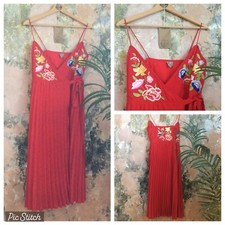 WOMENS DRESS RED WRAP SUNRAY PLEATED ORIENTAL EMBROIDERED VGC WORN ON FILM