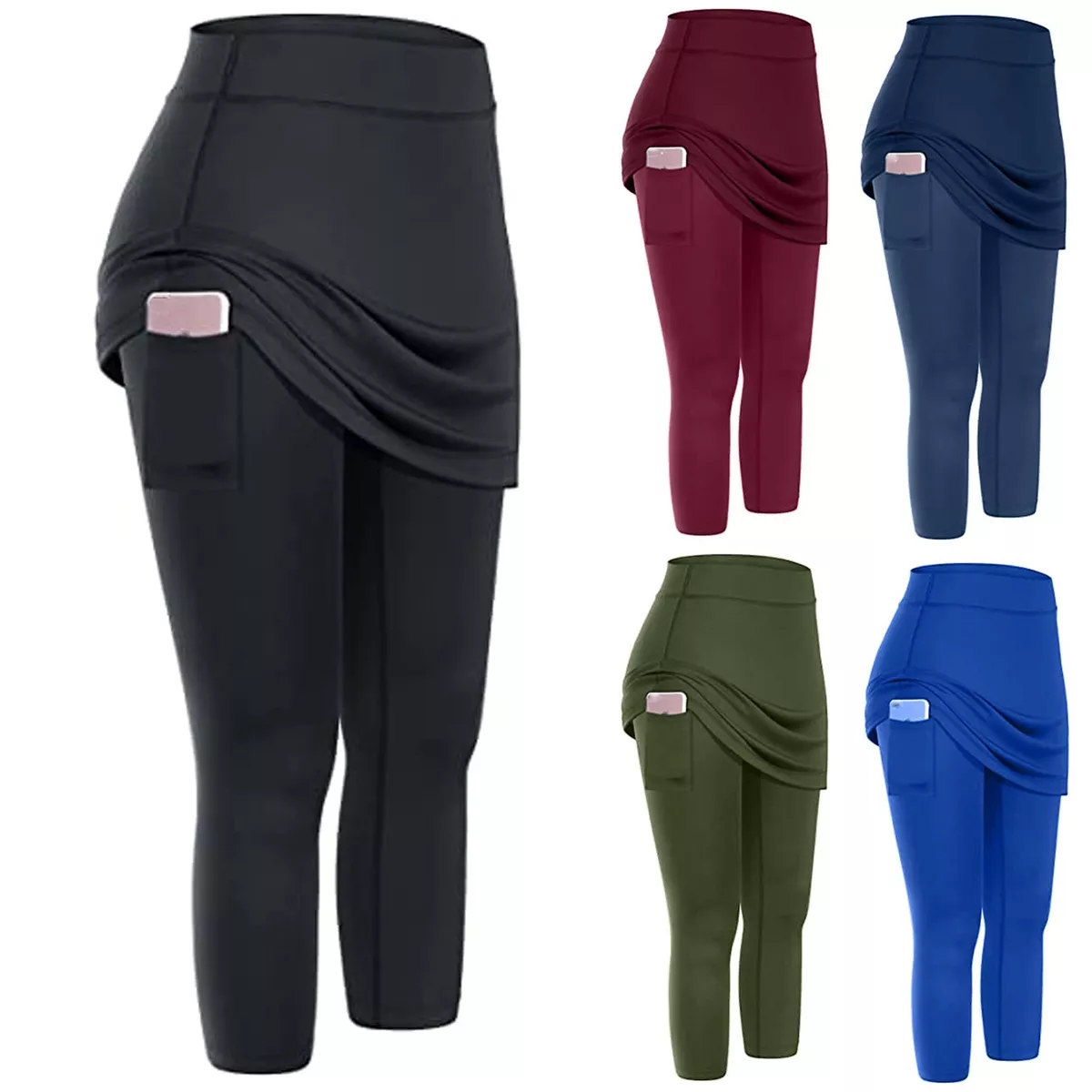 Women Tennis Skirted Leggings Pockets Elastic Sport Yoga Capris Skirts  Legging C