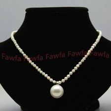 Natural 4-5mm White Pearl  14mm Round White Shell Pearl Pendant Necklace 18"