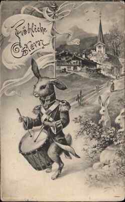 PFB 2327 Frohliche Ostern Easter Rabbit Marching Band Drum Fantasy c1910 PC