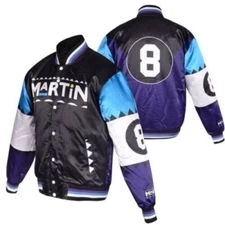 90s MARTIN INTRO 8BALL BLACK WHITE & BLUE SATIN CLASSIC STYLE  VARSITY JACKET