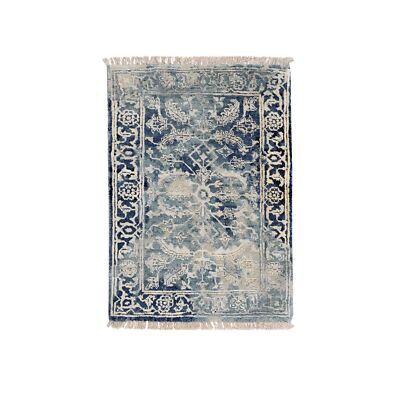 2'x3' Blue-Teal Erased Wool And Silk Hand Knotted Broken Farsian Mat Rug R64385