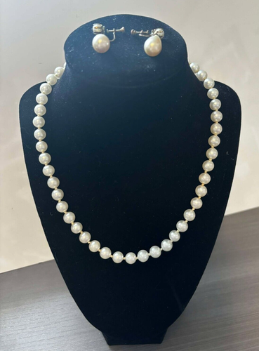 Vintage Faux Pearl Screw on Earrings & 17" Necklace