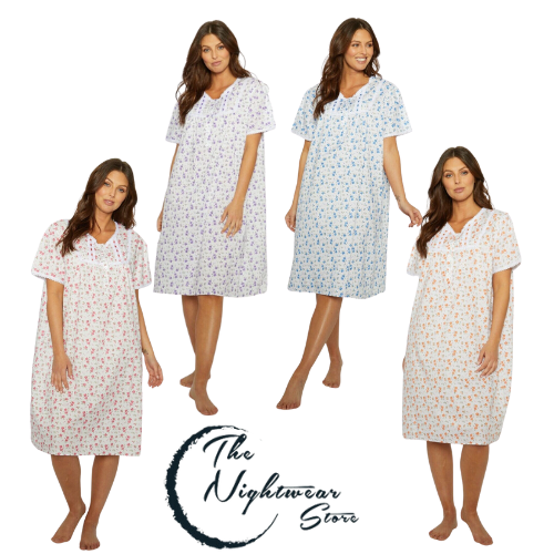 Ladies Polycotton Nightie Short Sleeve Nightdress 3 Button Nightdress with Lace - Picture 1 of 5
