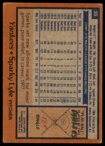 1978 Topps #35 Sparky Lyle duF52X - Picture 2 of 2