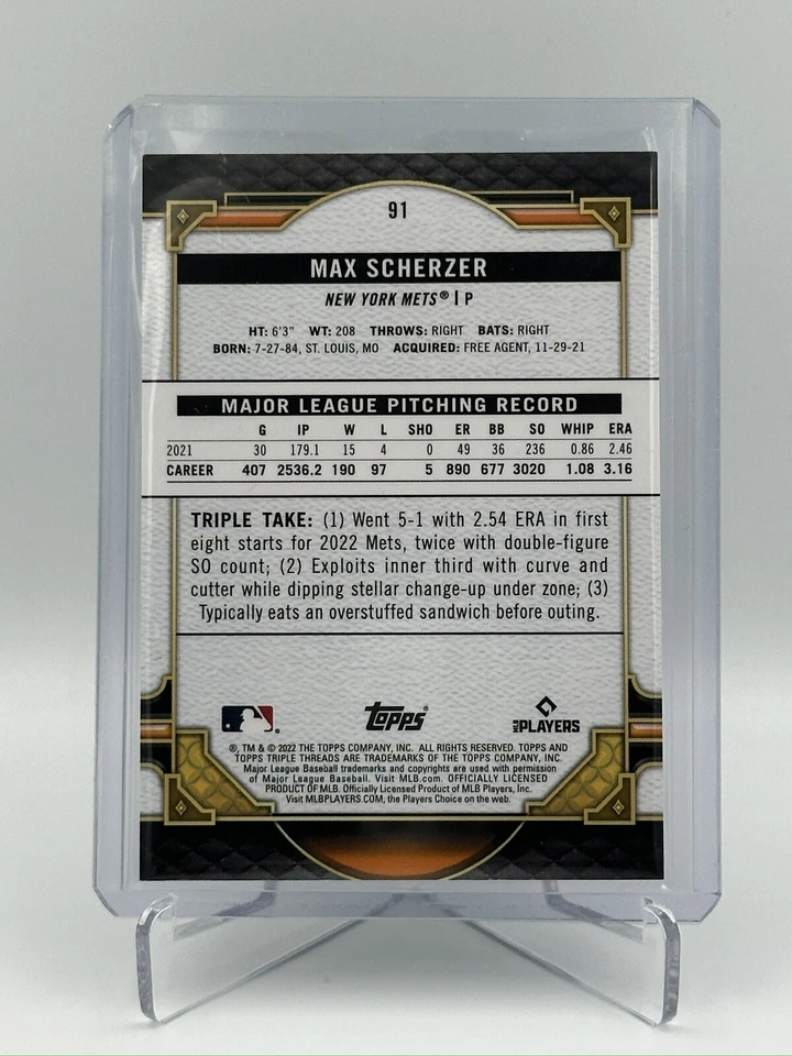 2022 Topps Triple Threads Max Scherzer #91 Emerald # 239/259 Mets MLB - Image 3 of 3