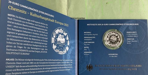 Alemania 20 euros moneda de plata 2025 Chemnitz moneda de colección brillo espejo J - Imagen 2 de 3