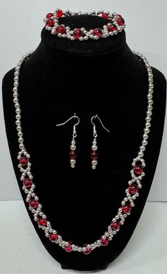 Ruby  Red & Silver Glass Jewelry Set Necklace, Bracelet, Earrings, Free Shipping