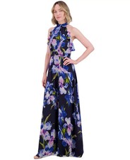 Eliza J Floral Chiffon Ruffled Halter Maxi Dress Size 10 Blue Multi $178