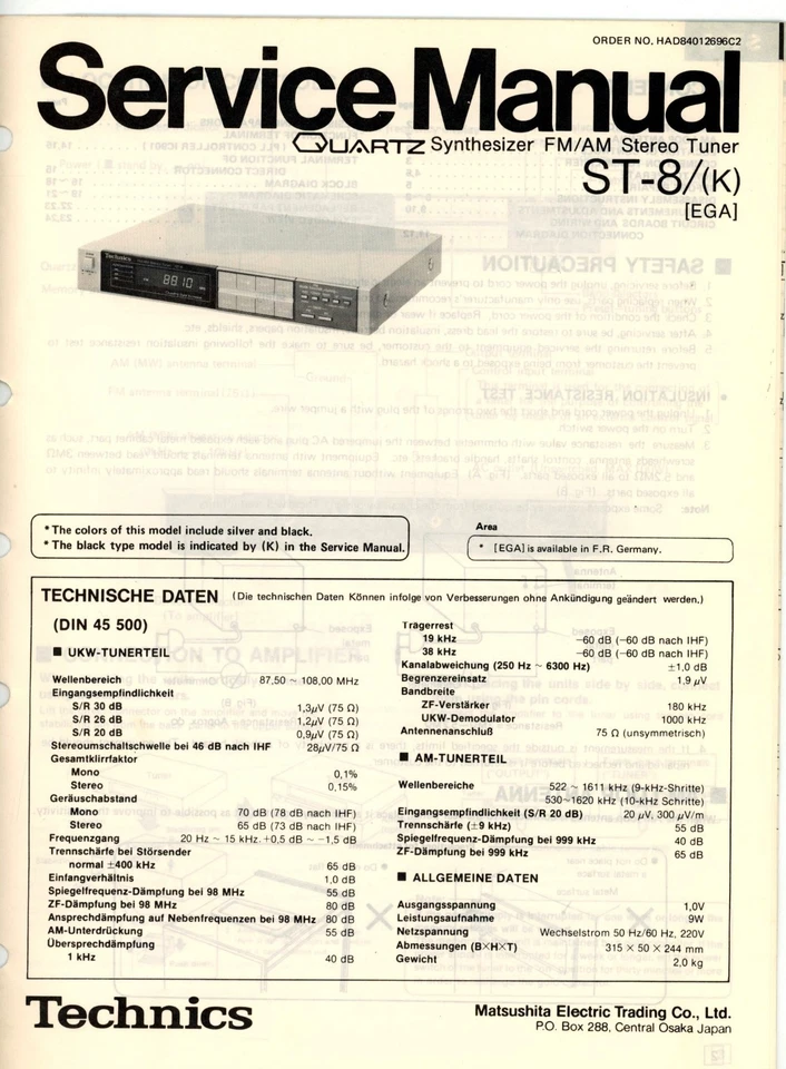 TECHNICS Service Manual für ST-8, Quartz Synthesizer FM / AM Stereo Tuner - Bild 1 von 1