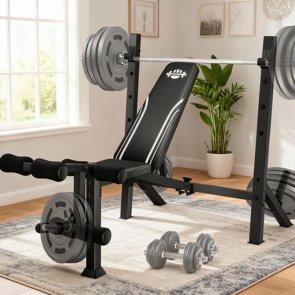 Home Gym Adjustable Weight Bench Press Set 900LBS with Squat Rack & Leg ...