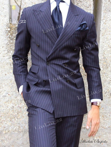 Navy Blue Striped Men Suits Peak Lapel Double Breasted Wedding Groom Prom Tuxedo - Picture 4 of 10