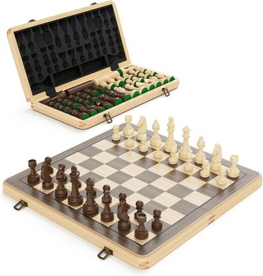 38 cm Wooden Folding Chess and Checkers Set, 2-in-1 Board Game, 3 Inch King S...