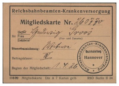Y1018/ Mitgliedskarte Reichsbahnbeamten-Krankenversorung 1926