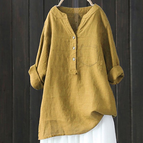 Women Long Sleeves Pullover Cotton Linen V-neck Blouse Tops TEE Shirts PLUS SIZE - Picture 18 of 30