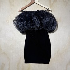 Zara Black Mini Dress XS Sheer Organza Puff Sleeve Off Shoulder Bodycon Party