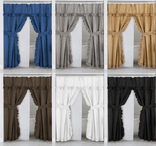 Double Swag Ruffled Fabric Shower Curtain Set, PEVA Liner and Roller Rings