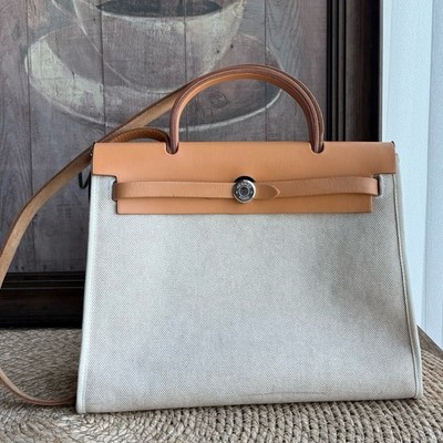 Hermes Herbag31 Beige Canvas Leather Crossbody Bag