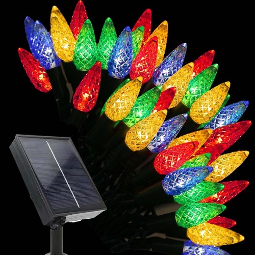 Solar Christmas String Lights, 50 LED 8 Modes C6 Strawberry Multicolored Stri...